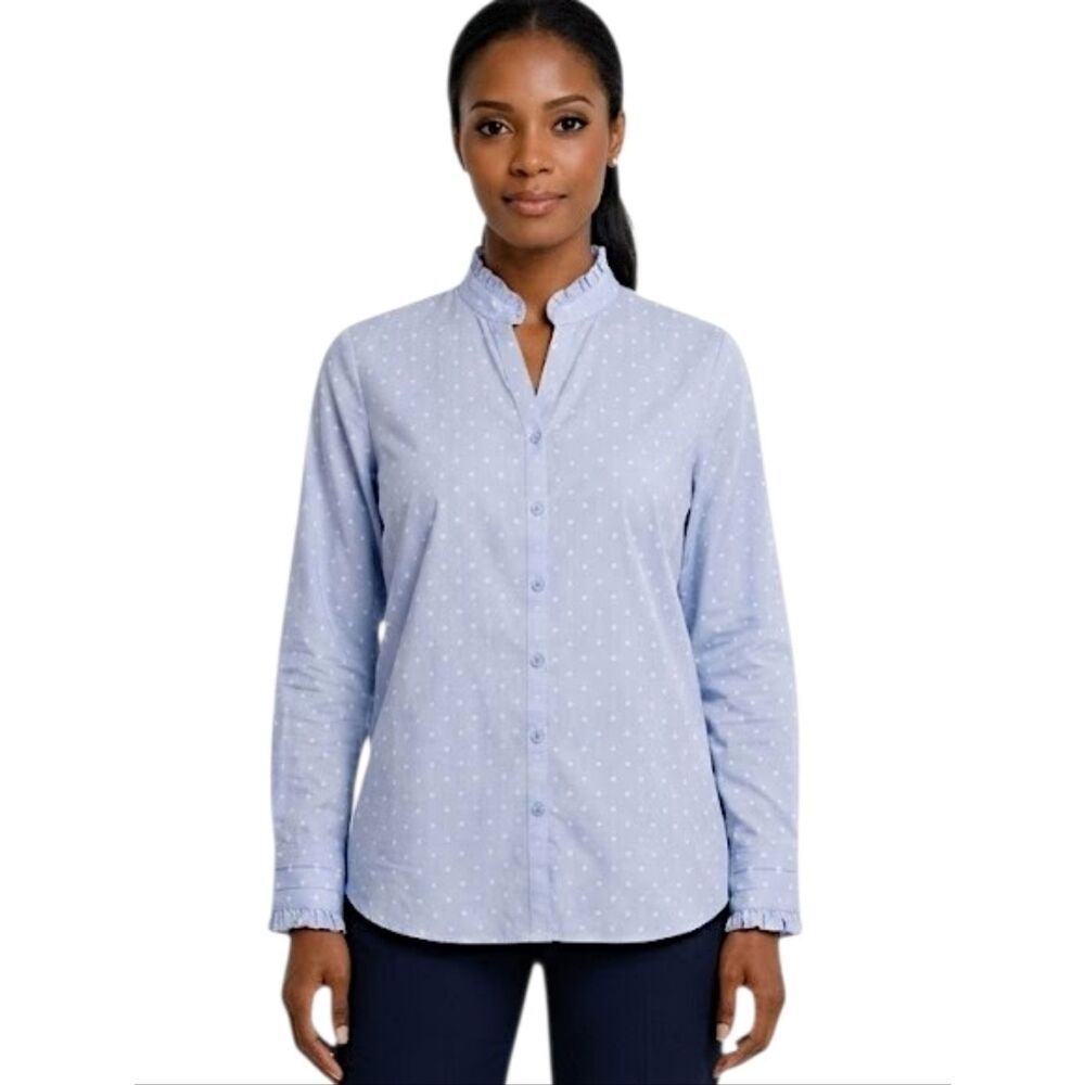 Chico's Blue Dot Ruffle Detail No Iron Long Sleeve Button Down Shirt Size 8/10